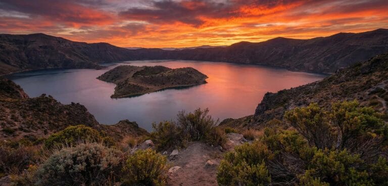 Mountain lake island under vibrant sunset sky