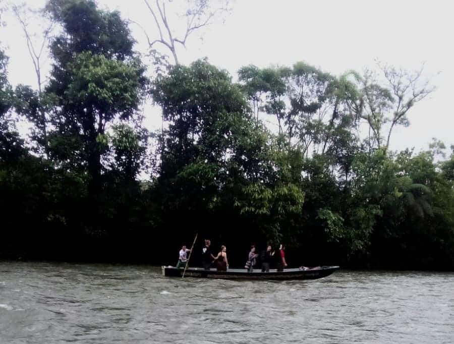 Gente en un barco en una selva fluvial