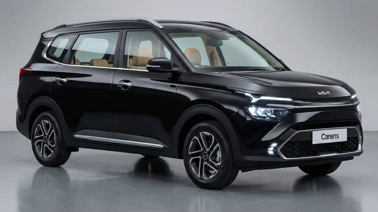 Black Kia Carens SUV on gray background